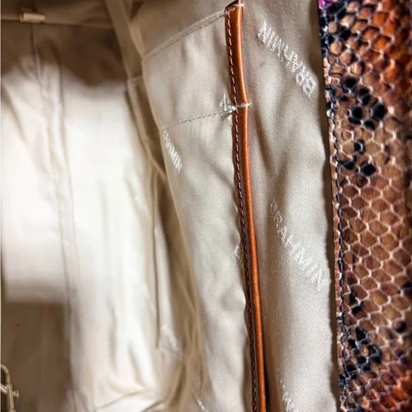 Brahmin Tan Snakeskin Satchel with Pink Accents